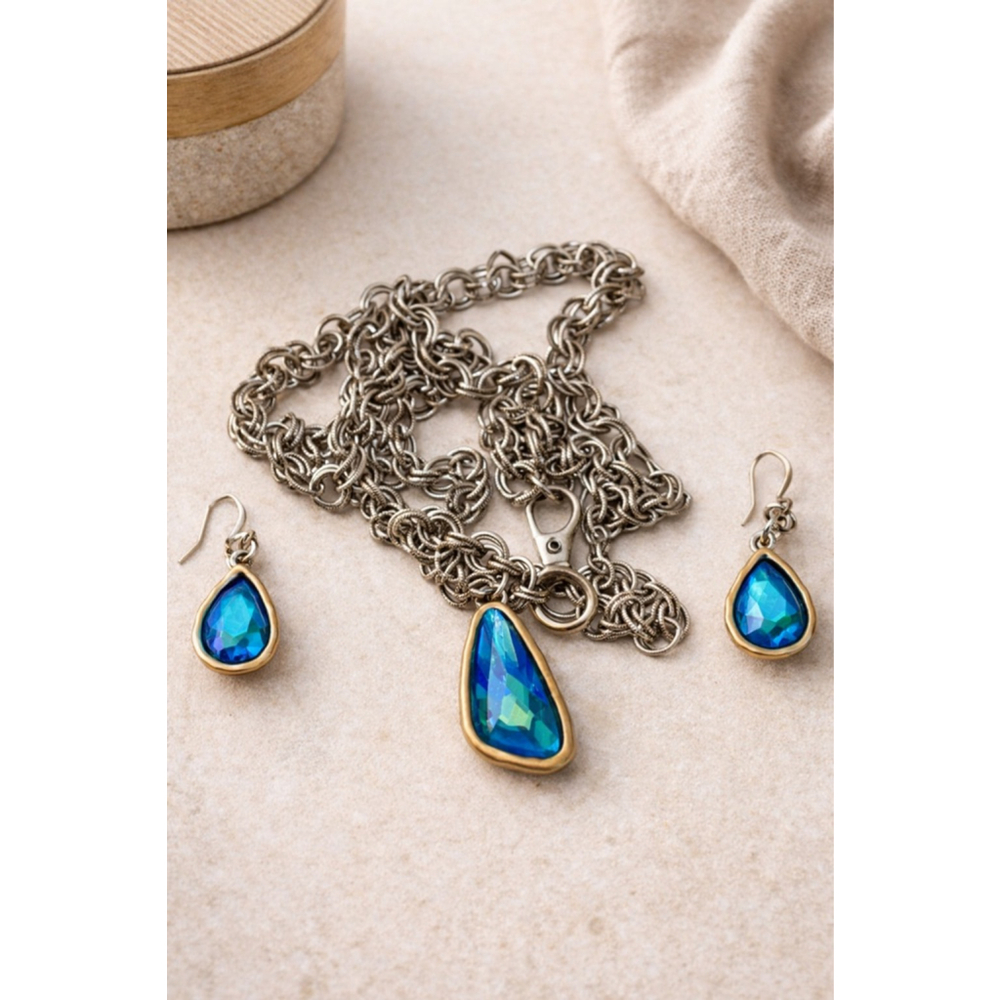 Silver Chain Necklace & Earring Set with Blue Iridescent Teardrop Crystals Boho - Picture 2 of 5